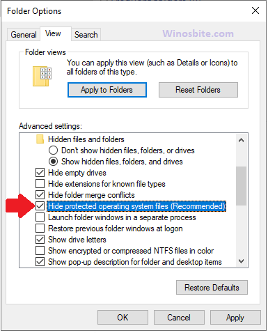 Снимите флажок скрыть защищенный файл операционной системы