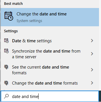 Date and time settings in Windows 10