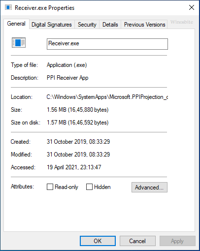 receiver.exe file properties